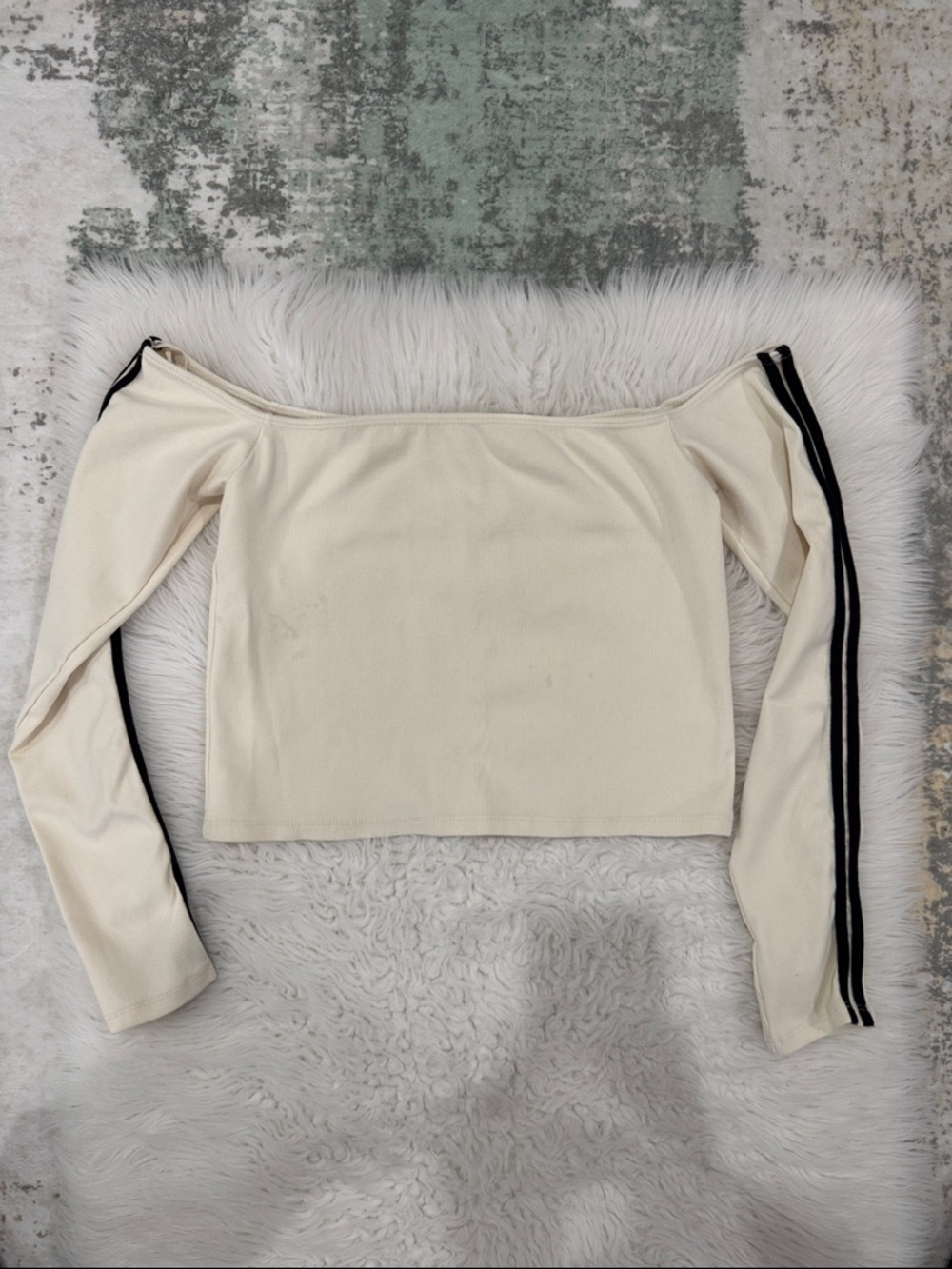 Oak + Fort Off-Shoulder Long Sleeve Crop Top in Cream with Black Stripes